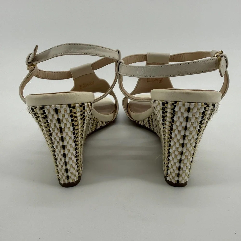 Cole Haan Maddie Ivory Leather T-Strap Woven Wedge Sandals W14877‎ Womens 9.5B